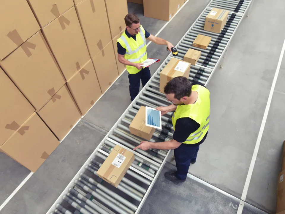 Employees in a warehouse checking the quality of packages as they move down a conveyor belt.