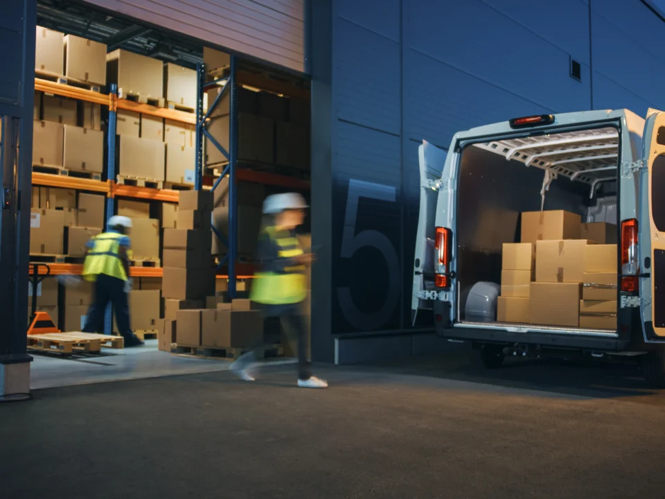 Motion shot of employees moving packages and loading a van outside of a warehouse.