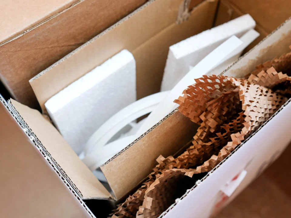 Carton boxes, styrofoam and other materials for packing.